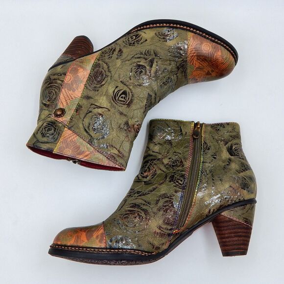 Spring Step L'Artiste Boots 42/11 Green Floral Leather Waterlily Zip Ankle Boho - Picture 6 of 14